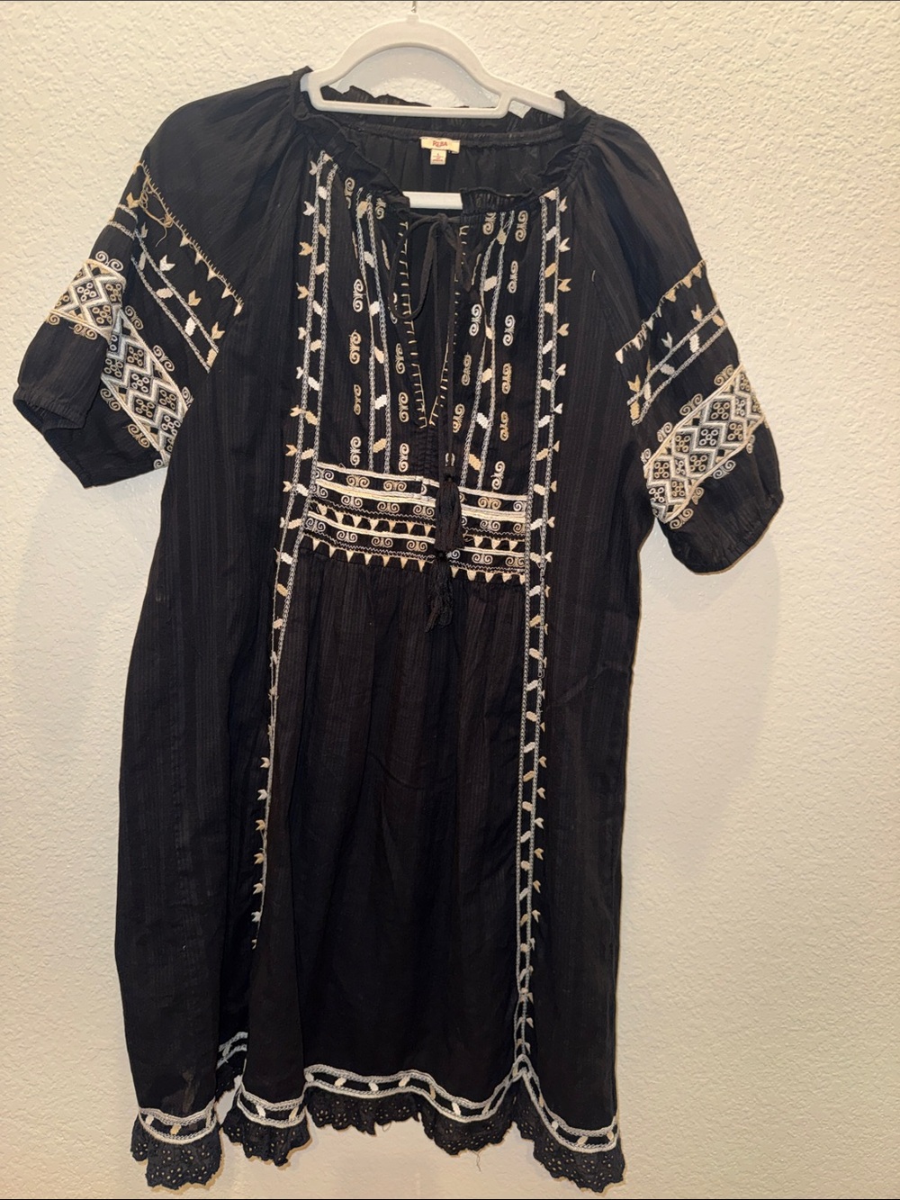 Reba Black Mini Dress with White Embroidery